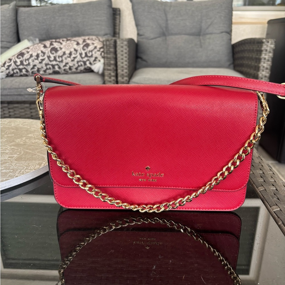 Kate Spade Red and Gold Crossbody Bag with Chain Detail